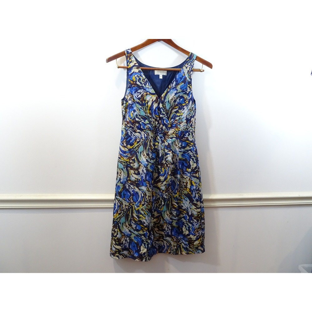 Moulinette Soeurs Anthropologie Silk Blue Abstract Swirl V-Neck Dress Size 6